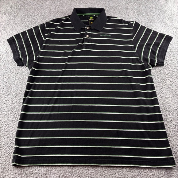 John Deere Polo Shirt Mens XL Black Green White Stripe Short Sleeve Golf Tractor - Picture 2 of 6